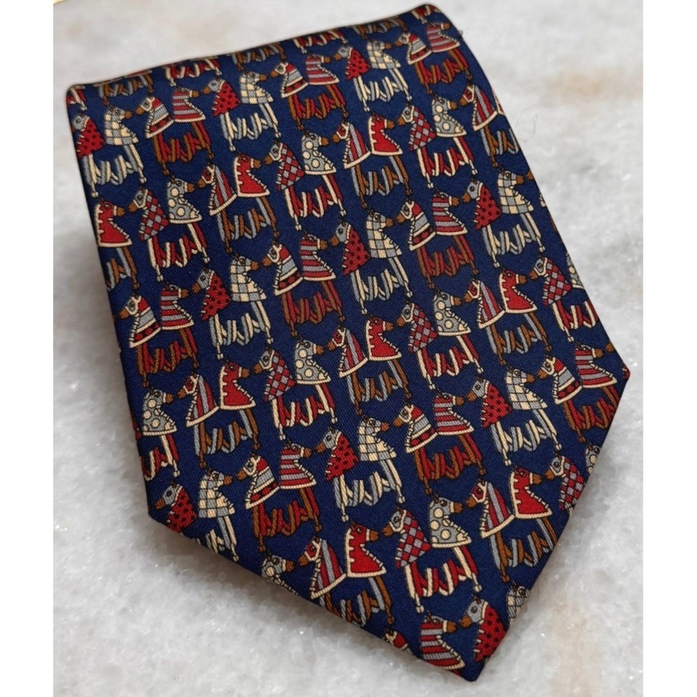 Salvatore Ferragamo Mens Silk Tie Navy Blue Horse Camel Novelty Print Italy